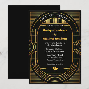 Invitation Grand Gatsby Mariage Art Déco Black & Gold Vintage