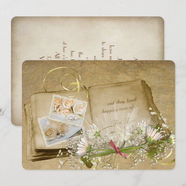 Invitation grand livre mariage ouvert avec bouquet de mariée (Devant / Derrière)