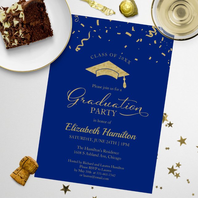 Invitation Grand Lycée Gold Confetti Bleu (Créateur téléchargé)