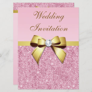 Invitation Grand Mariage Faux Séquins Rose Bow Or