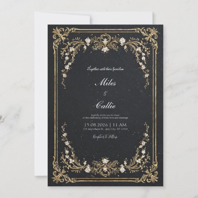 Invitation Grand Mariage Floral Noir et Or (Devant)