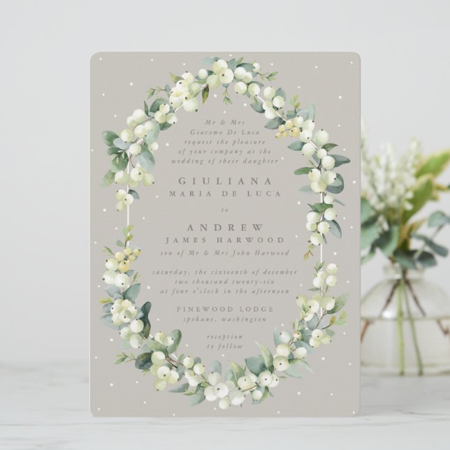 Invitation Grand Mariage Forme Greige Snowberry+Eucalyptus (Debout devant)