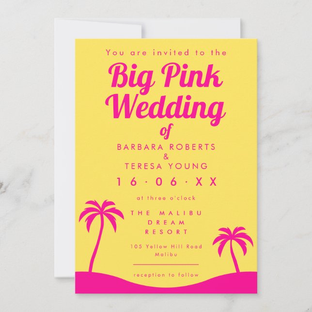 Invitation Grand Mariage rose Barbiecore Plage Jaune tendance (Devant)