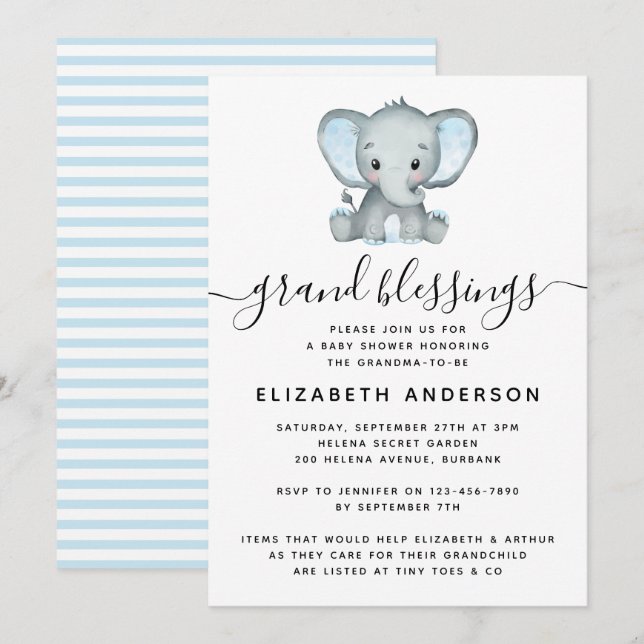 Invitation Grand-mère de l'éléphant bleu au Baby shower (Devant / Derrière)