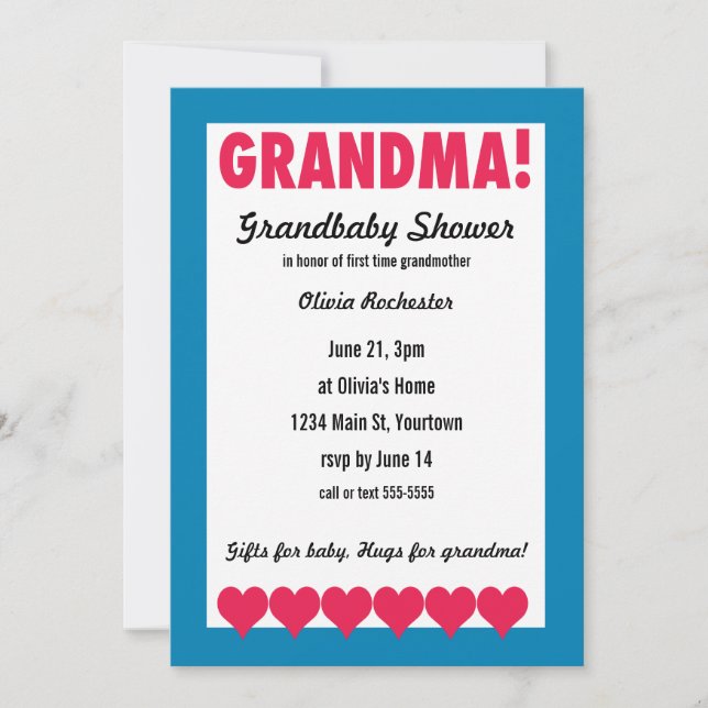 Invitation Grand-mère ! Douche grand-bébé avec coeur (Devant)