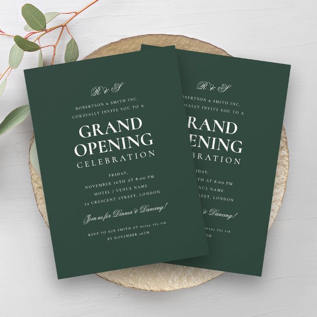 Invitation Grand Monogramme d'ouverture de l'entreprise offic (Formal Corporate Grand Opening Monogram Green Invitation)