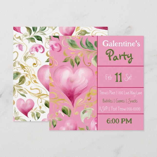 Invitation Grand Motif de coeur rose pour la fête de la fête  (Devant / Derrière)