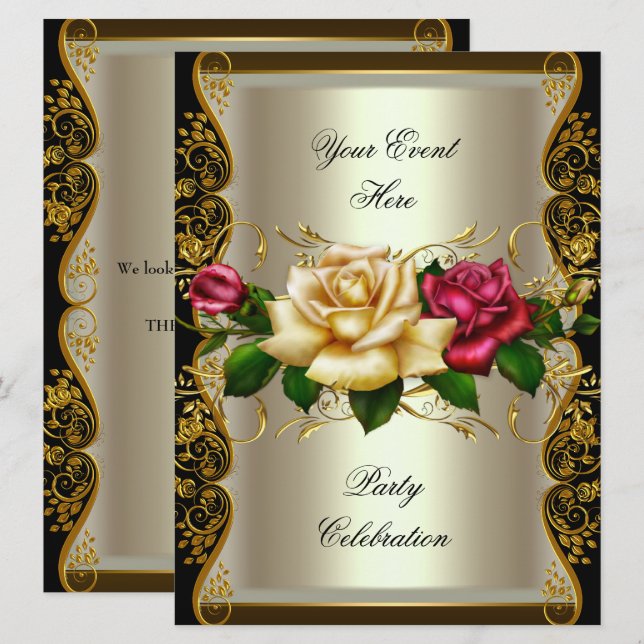 Invitation GRAND N'Importe Quel Événement Fête Crème Gold Ros (Devant / Derrière)