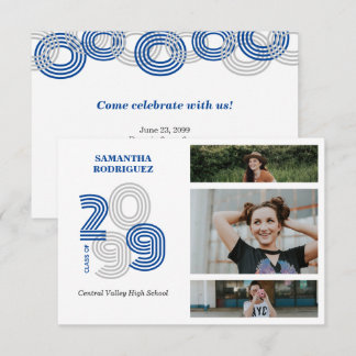 Invitation Grand nombre de Blue Retro - 3Photo Graduation