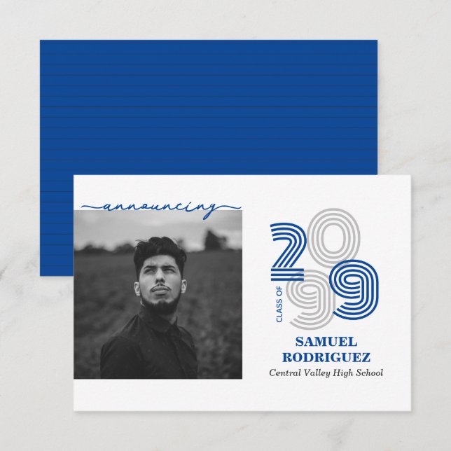 Invitation Grand nombre de Blue Retro Classe de photo (Devant / Derrière)