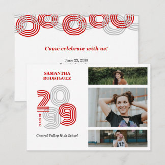 Invitation Grand nombre de Red Retro 3Photo Graduation