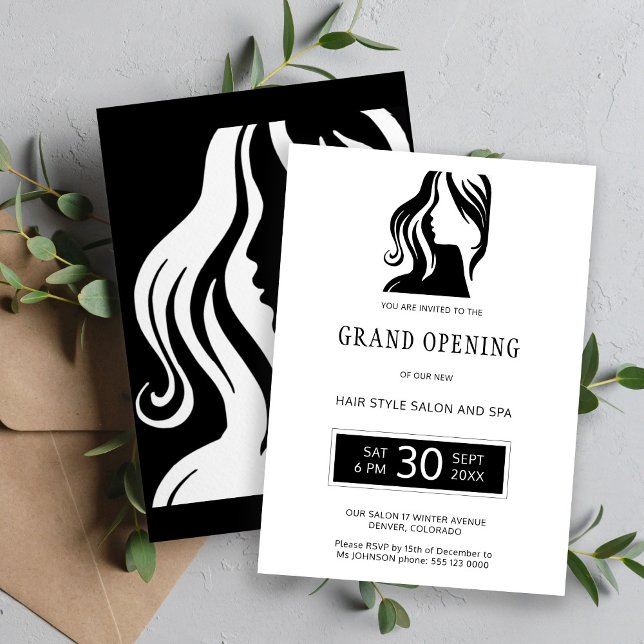 Invitation Grand ouverture du salon de beauté noir blanc (Créateur téléchargé)