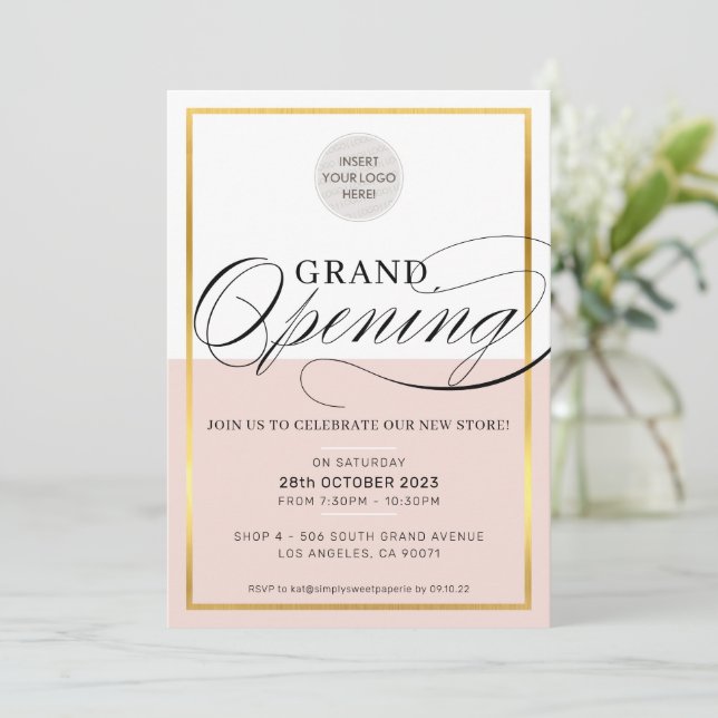 Invitation GRAND OUVERTURE logo d'entreprise moderne or rose  (Debout devant)