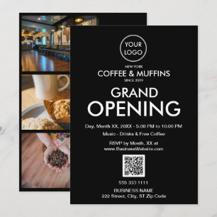 Invitation Grand Ouverture moderne Black Business Logo Code Q