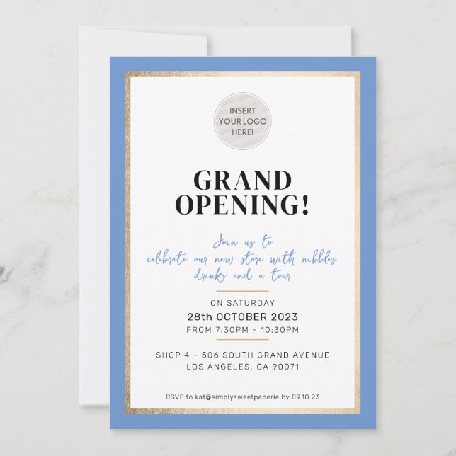 Invitation GRAND OUVERTURE moderne logo minimal bleu cornflow (Devant)