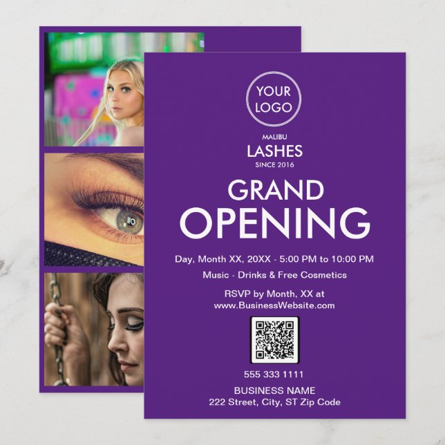 Invitation Grand Ouverture Moderne Purple Business Logo Code  (Devant / Derrière)