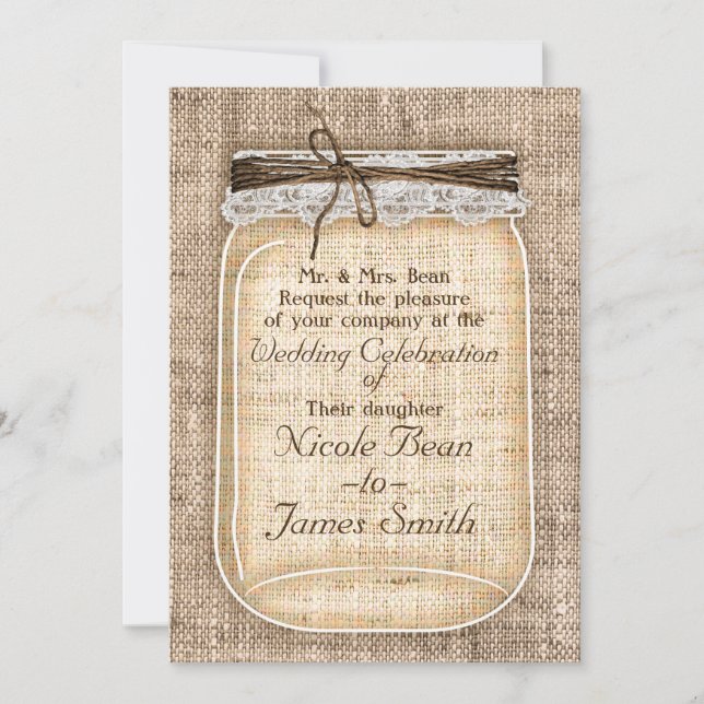 Invitation Grand pot Mason avec toile de jute et dentelle Rus (Devant)