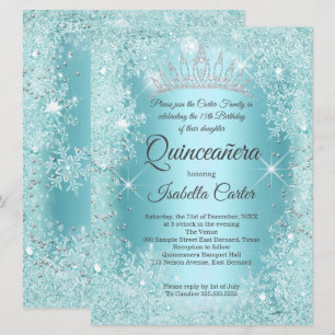 Invitation Grand Quinceanera Turquoise Flocon de Neige Hiver