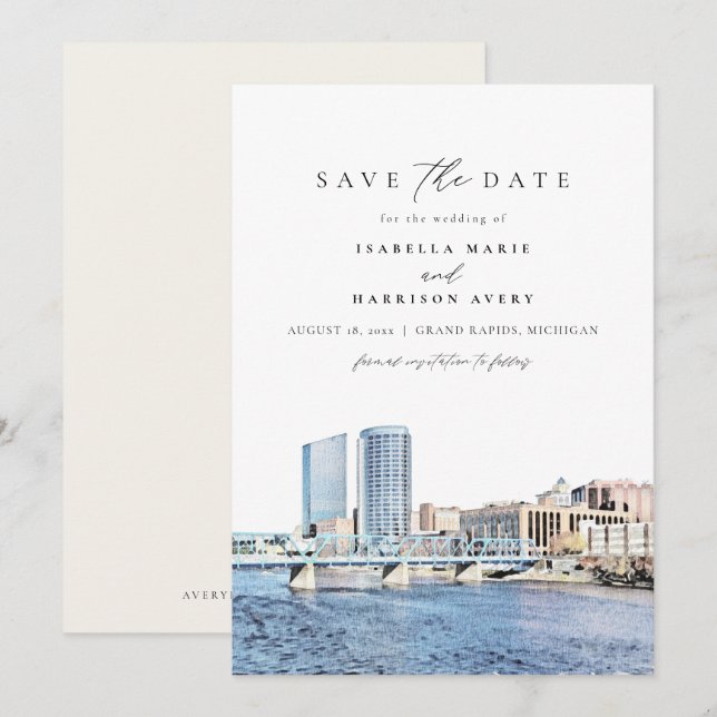 Invitation GRAND RAPIDS Michigan Skyline Enregistrer la date  (Devant / Derrière)