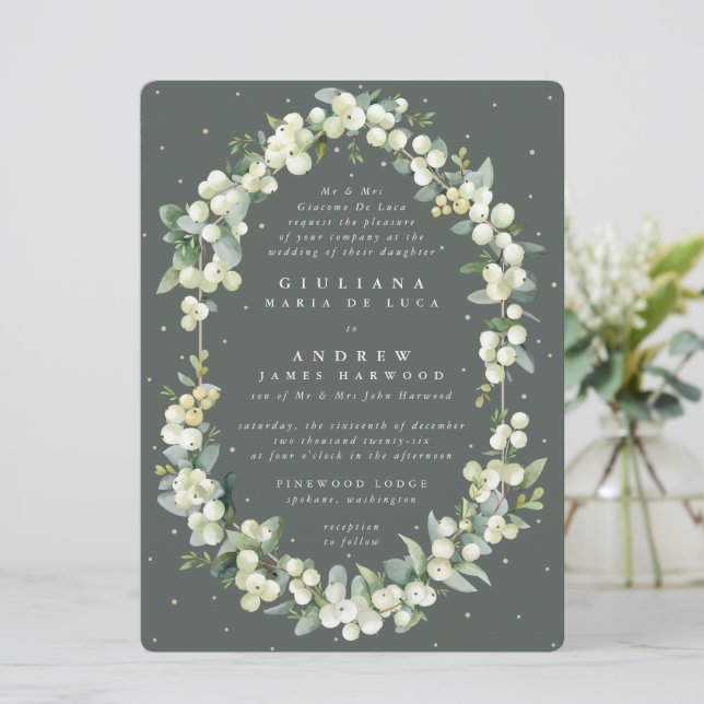 Invitation Grand Snowberry Vert Formel + Mariage Eucalyptus (Debout devant)