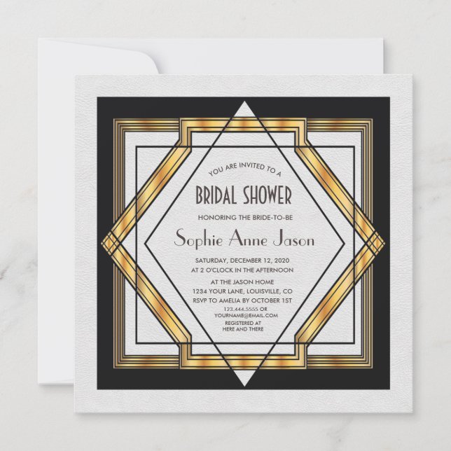 Invitation Grande Fête des mariées Gatsby Gold White Art Déco (Devant)