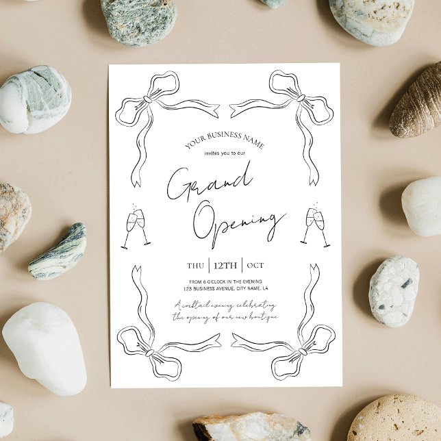 Invitation Grande main d'ouverture tirée noir & blanc affaire (Elegant hand drawn whimsical business grand opening event invitations in black and white)