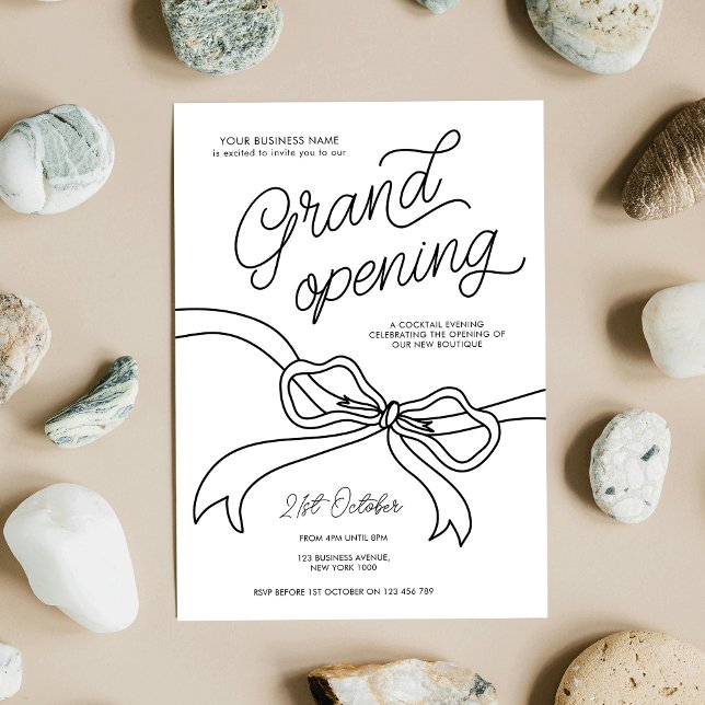Invitation Grande ouverture de l'entreprise tirée à la main (Hand drawn ribbon modern Business Grand Opening Invitation design in black and white)