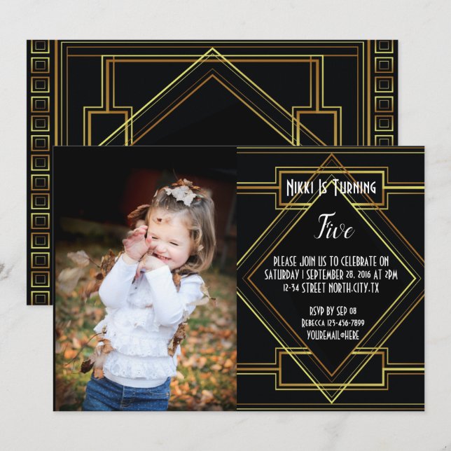 Invitation grande porte en noir et or photo fête d'anniversai (Devant / Derrière)