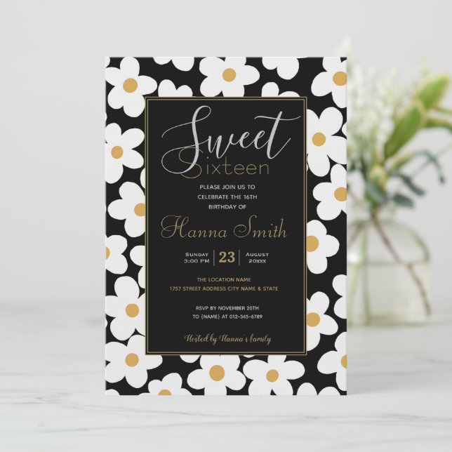 Invitation Grandes Fleurs Blances Blances Retro Design Noir (Debout devant)
