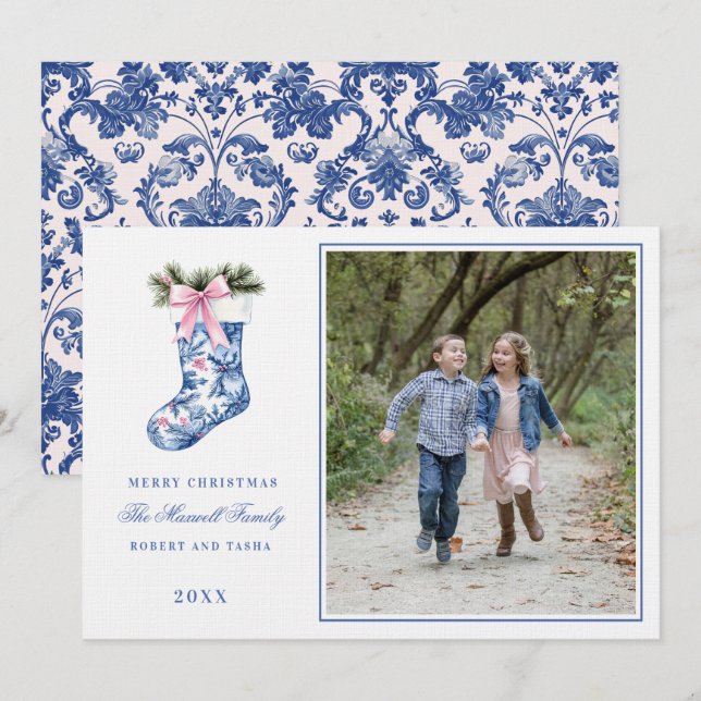 Invitation Grandmillénaires roses et bleus Damask Stockin Pho (Devant / Derrière)