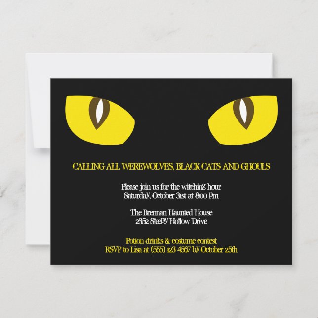 Invitation Grands yeux de chat jaune regard noir fête d'Hallo (Devant)