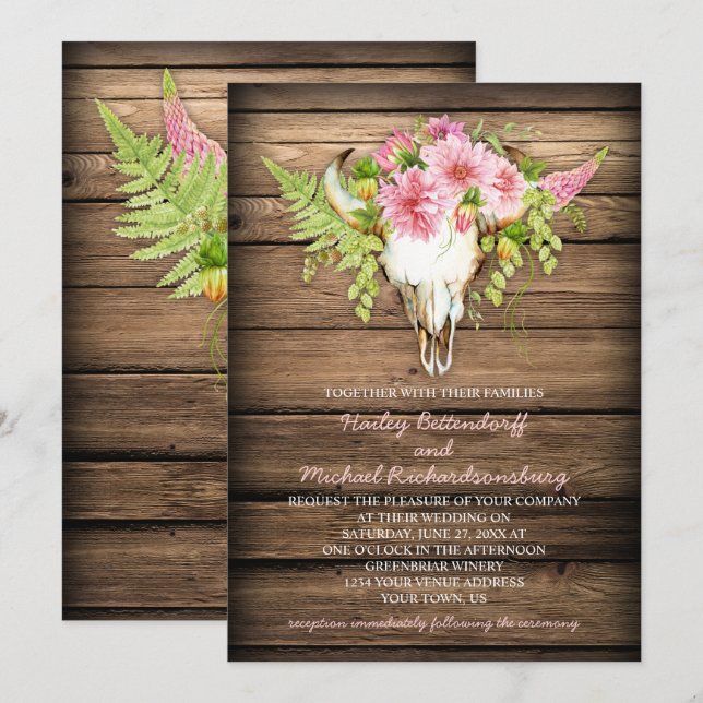 Invitation Grange Bois Fleurs roses Vache Crâne Cornes Mariag (Devant / Derrière)