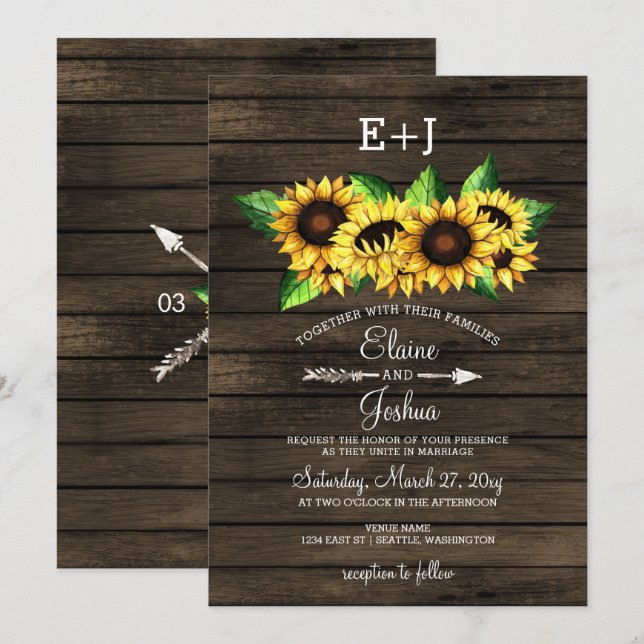 Invitation grange bois tournesol Pays Mariage rustique (Devant / Derrière)