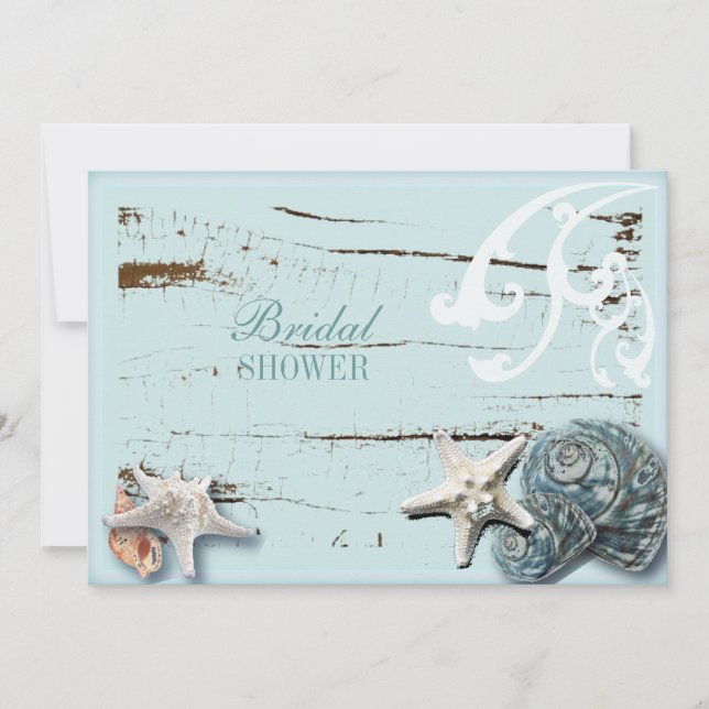 Invitation Grange côtière bois aqua bleu étoile coquillages (Devant)