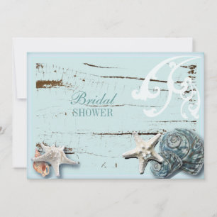 Invitation Grange côtière bois aqua bleu étoile coquillages