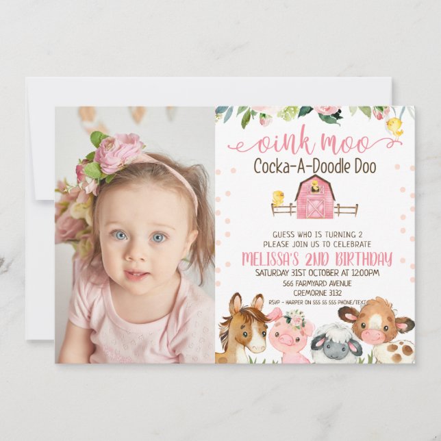 Invitation Grange rose Photo Florale Ferme Animale Anniversai (Devant)