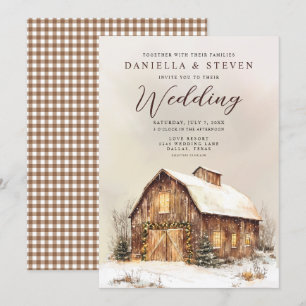 Invitation Grange rustique avec Mariage de neige hivernale