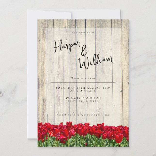 Invitation Grange rustique avec tulipes rouges mariage (Devant)
