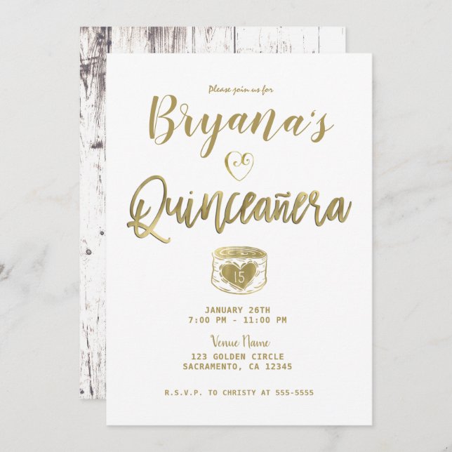 Invitation Grange rustique Blanc Bois Or 15 Quinceañera (Devant / Derrière)