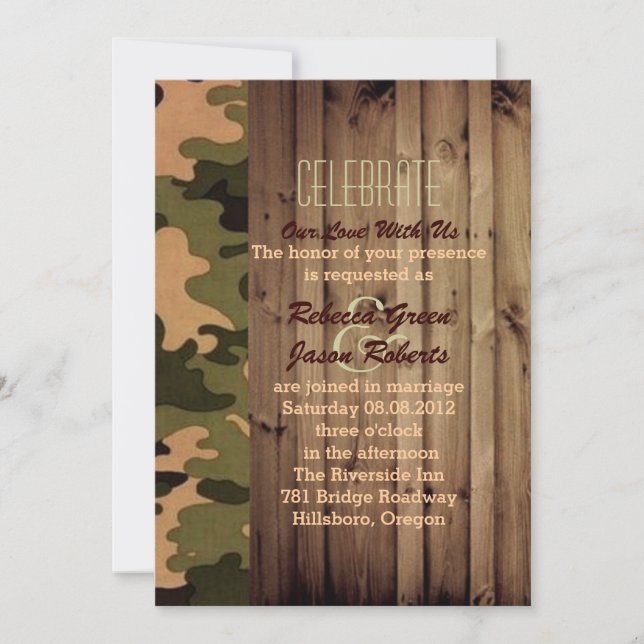 Invitation grange rustique bois pays ouest Camo Mariage (Devant)