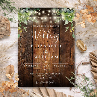 Invitation Grange rustique Chaîne de bois Lumières Mariage de