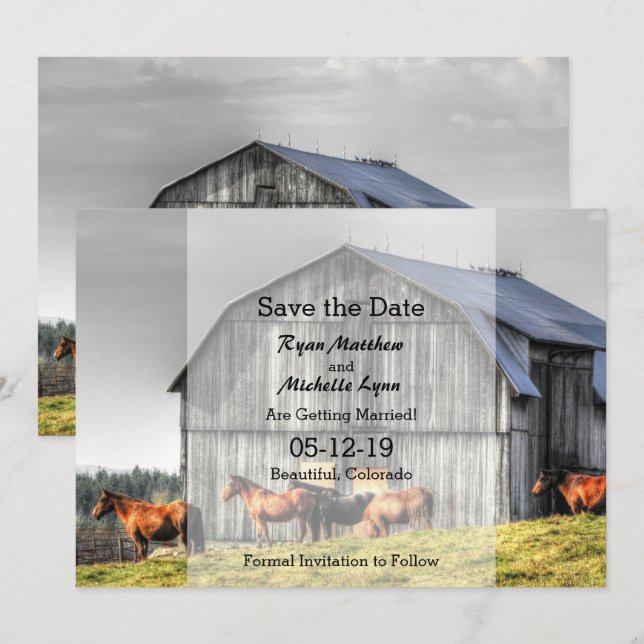 Invitation Grange Rustique et Chevaux Save the Date Mariage (Devant / Derrière)