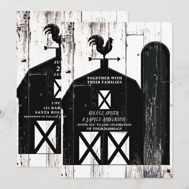 Invitation Grange Rustique Maison de Mariage Bois Blanc Barn  (Devant / Derrière)