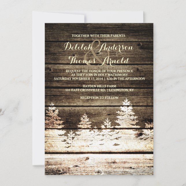 Invitation Grange rustique Pins de bois Arbres d'hiver Mariag (Devant)