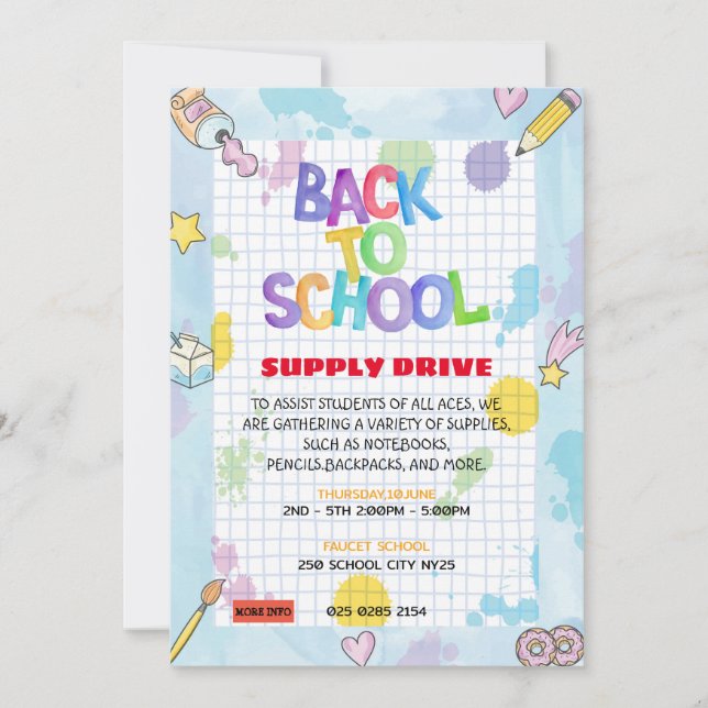 Invitation Graphique Papier Retour à l'école Approvisionnemen (Devant)