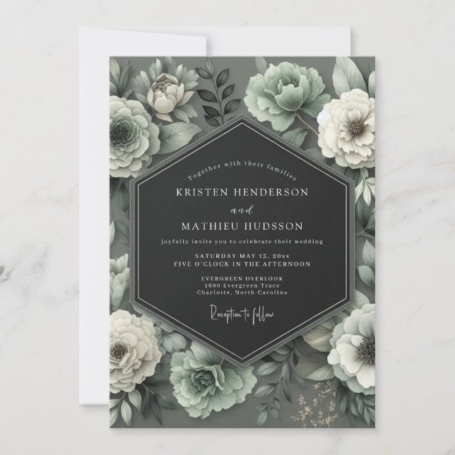 Invitation Graphite Mint Bloom Wedding (Devant)