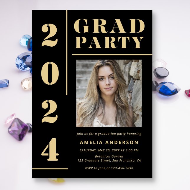 Invitation Gras Black Gold Typographie Photo Graduation Party (Créateur téléchargé)