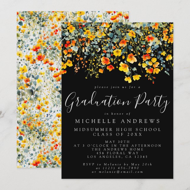 Invitation Gras Black Summer Floral Graduation Party (Devant / Derrière)