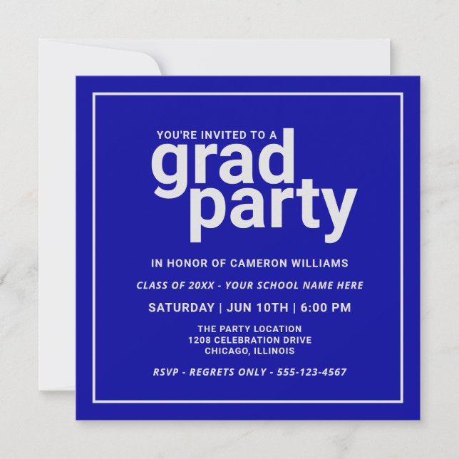 Invitation Gras Bleu et Gris Argent Moderne Basique Grad Part (Devant)