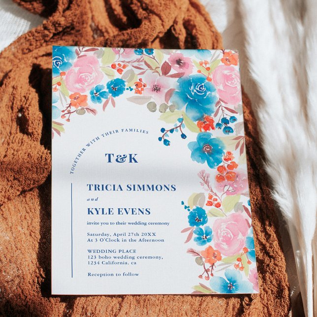 Invitation Gras Boho bleu rose sauvage arche mariage (Bold Boho blue pink wild floral arch wedding Invitation)